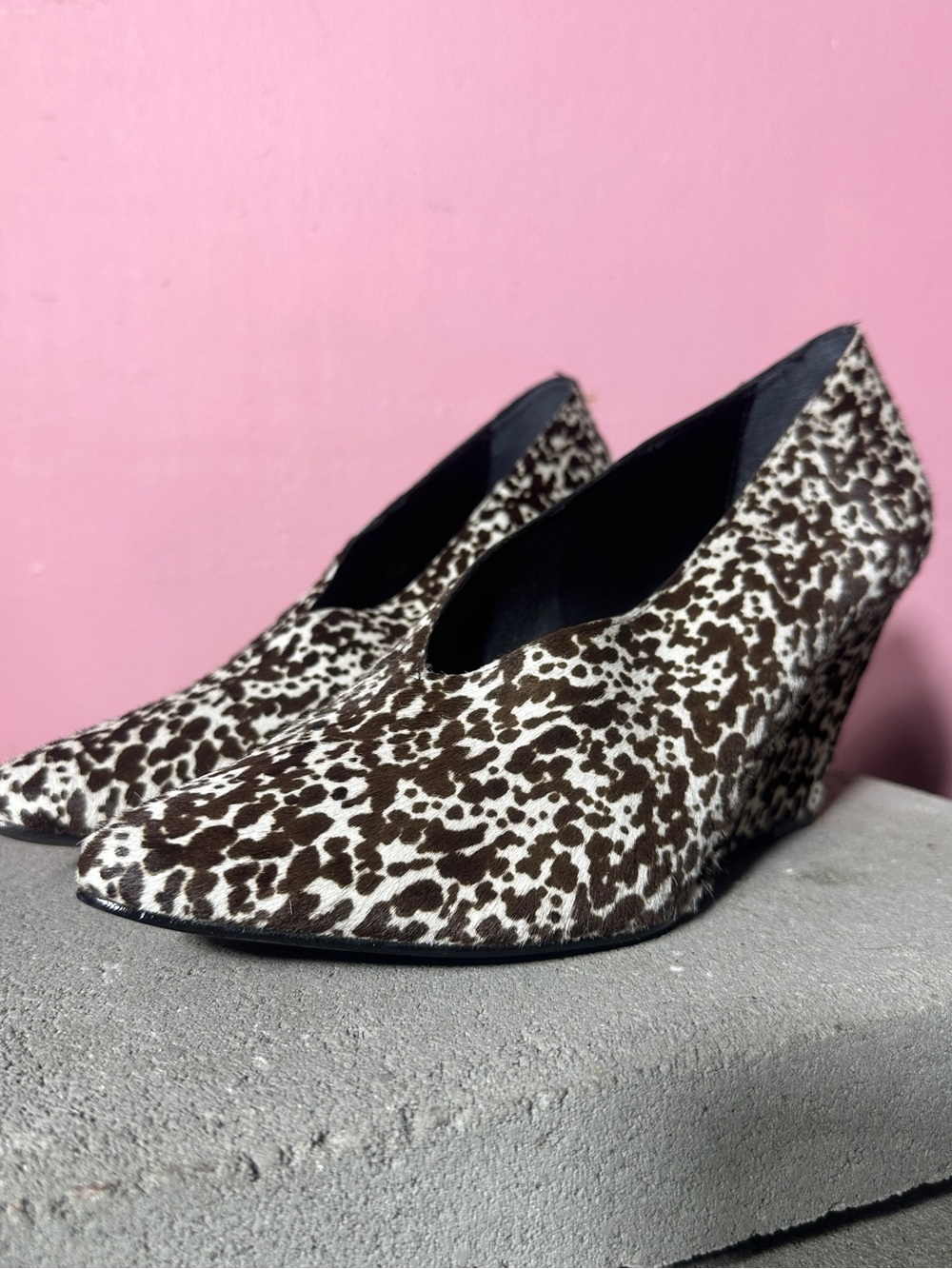 Anthropology Calf Hair Specked Black & White wedge modern heel